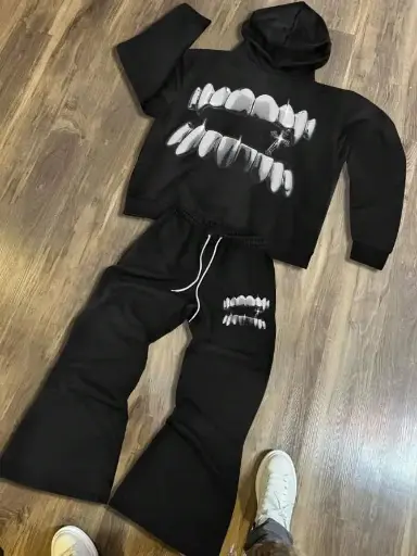 [Pantalon mayo maillot short chòt chot chemise t-shirt jeans]  Ensemble Hoodie & Pants  Black[Silver Teeth]