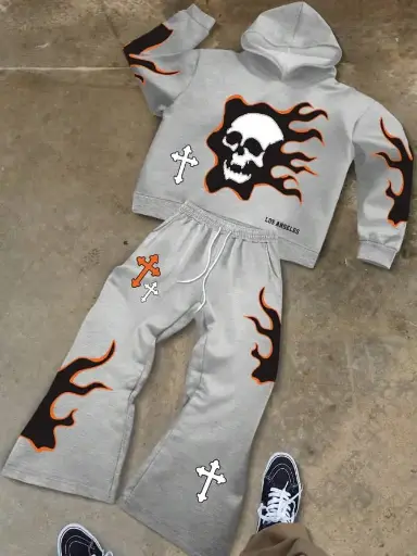 [Pantalon mayo maillot short chòt chot chemise t-shirt jeans] Ensemble Hoodie & Pants Gray [Fiery skull]